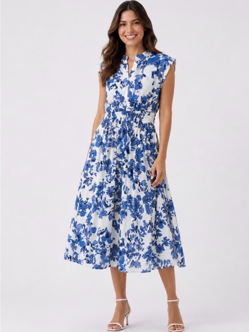 Calvin Klein White Maxi Dress with Blue Floral Print